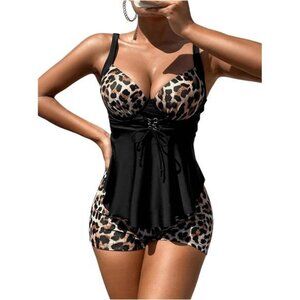 SweatyRocks Women's Leopard Print 2 Piece Tankini Set Push Up Bathing Suit